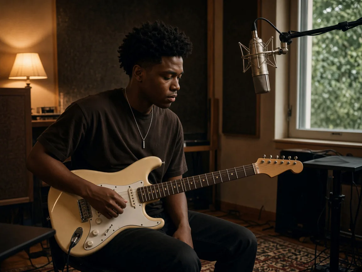 Musician recording guitar in a studio